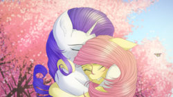 Size: 4800x2700 | Tagged: safe, artist:maneingreen, fluttershy, rarity, butterfly, pegasus, pony, unicorn, g4, cherry blossoms, chest fluff, comforting, female, flower, flower blossom, hug, lesbian, mare, ship:flarity, shipping