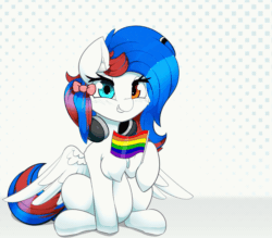 Size: 1443x1265 | Tagged: safe, artist:n0nnny, oc, oc:beatbreaker, pegasus, pony, g4, animated, blinking, bow, chest fluff, commission, flag, frame by frame, gif, headphones, heterochromia, looking at you, male, pride, pride flag, smiling, solo, stallion