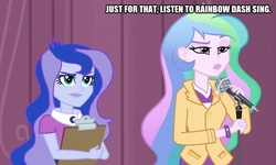 Size: 836x500 | Tagged: safe, edit, edited screencap, screencap, princess celestia, princess luna, principal celestia, vice principal luna, human, equestria girls, g4, my little pony equestria girls: friendship games, caption, duo, female, image macro, implied rainbow dash, microphone, text