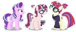 Size: 1054x450 | Tagged: safe, artist:awoomarblesoda, moondancer, starlight glimmer, oc, oc:stardust afterglow, pony, unicorn, g4, base used, female, glasses, glimmerdancer, lesbian, magical lesbian spawn, mare, offspring, parent:moondancer, parent:starlight glimmer, parents:glimmerdancer, shipping, simple background, transparent background