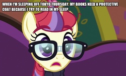 Size: 832x500 | Tagged: safe, edit, edited screencap, screencap, moondancer, pony, unicorn, g4, the point of no return, bust, caption, drool, female, image macro, sleeping, solo, text