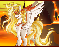 Size: 1255x1000 | Tagged: safe, artist:melobee, daybreaker, alicorn, pony, a royal problem, g4, butt, daybutt, fangs, female, helmet, lava, looking back, mane of fire, mare, open mouth, plot, solo, spread wings, volcano, wings