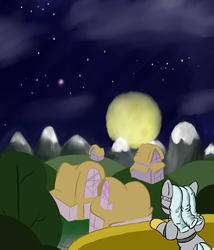 Size: 1757x2048 | Tagged: safe, artist:parassaux, oc, oc only, oc:turing test, pony, robot, robot pony, fanfic:the iron horse: everything's better with robots, fanfic art, full moon, house, moon, solo, stargazing, stars