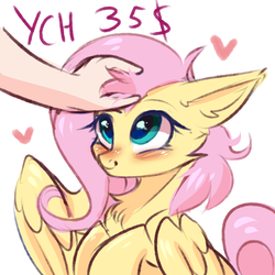 Size: 3000x3000 | Tagged: safe, artist:pesty_skillengton, fluttershy, oc, human, pegasus, pony, g4, blushing, commission, cute, daaaaaaaaaaaw, female, floating heart, hand, heart, high res, human on pony petting, offscreen character, offscreen human, petting, shyabetes, smiling, solo, ych example, your character here