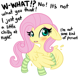 Size: 1080x1080 | Tagged: safe, artist:tjpones edits, color edit, edit, editor:deserter, fluttershy, pegasus, pony, g4, adorable distress, blushing, chest fluff, clothes, colored, covering, cute, dialogue, female, floppy ears, lewd, lies, mare, pervert, ponies in socks, shyabetes, simple background, socks, solo, striped socks, suspiciously specific denial, sweat, talking, talking to viewer, white background