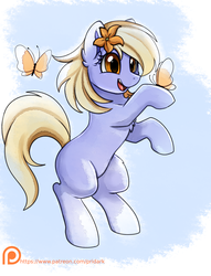 Size: 1968x2579 | Tagged: safe, artist:pridark, doseydotes, butterfly, earth pony, pony, background pony, cute, female, mare, patreon, patreon logo, smiling, solo