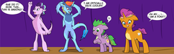 Size: 6104x1896 | Tagged: safe, artist:chedx, rainbow dash, smolder, spike, starlight glimmer, dragon, pegasus, pony, unicorn, comic:claws and hooves, g4, blushing, dragoness, dragonified, excitement, female, glimmerdragon, happy, ponified, ponified spike, pony smolder, rainbow dragon, shocked, species swap