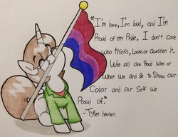 Size: 680x522 | Tagged: safe, artist:paper view of butts, oc, oc only, oc:paper butt, pony, unicorn, bisexual pride flag, clothes, colored, colored pencil drawing, cute, female, flag, glasses, horn, jacket, male, mare, mouth hold, ocbetes, pride, pride flag, pride month, pride ponies, solo, speech, stallion, traditional art