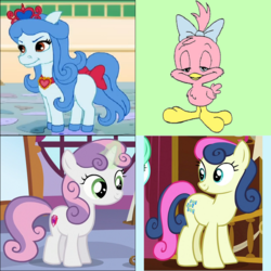 Size: 800x800 | Tagged: safe, bon bon, sweetie belle, sweetie drops, bird, canary, earth pony, pony, unicorn, g4, on your marks, slice of life (episode), "one steve limit" violation, crossover, name pun, namesake, pun, sweetie (palace pets), sweetie bird, tiny toon adventures, visual pun