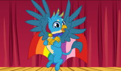 Size: 5904x3488 | Tagged: safe, artist:cloudy glow, artist:disneymarvel96, artist:moonwhisperderpy, gallus, griffon, g4, brooch, cape, clasp, clothes, male, pride, rainbow, stage, the explosion in a rainbow factory
