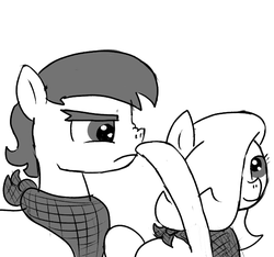 Size: 640x600 | Tagged: safe, artist:ficficponyfic, oc, oc only, oc:emerald jewel, oc:giles pecan, pony, colt quest, bandana, boop, colt, cyoa, femboy, frown, male, monochrome, nose wrinkle, story included, sweat, unhappy