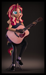 Size: 3400x5600 | Tagged: safe, artist:imafutureguitarhero, sunset shimmer, unicorn, anthro, plantigrade anthro, g4, 3d, absurd resolution, acoustic guitar, arm fluff, border, chair, cheek fluff, chin fluff, chromatic aberration, clothes, colored eyebrows, colored eyelashes, ear fluff, female, film grain, fingerless gloves, floppy ears, fluffy, freckles, fur, gloves, gradient background, guitar, horn, leather gloves, long hair, long mane, mare, multicolored hair, multicolored mane, multicolored tail, musical instrument, neck fluff, nose wrinkle, pants, peppered bacon, shadow, shoes, shoulder fluff, signature, sitting, socks, solo, source filmmaker, stool, tank top, trackpants, vertical, video link in description, wall of tags, youtube link in the description