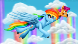 Size: 3840x2160 | Tagged: safe, artist:victoria-luna, rainbow dash, scootaloo, pegasus, pony, g4, sleepless in ponyville, 4k, chest fluff, cloud, duo, ear fluff, female, filly, fluffy, flying, foal, high res, holding, leg fluff, long feather, mare, rainbow waterfall, scene interpretation, scootalove, signature, unshorn fetlocks