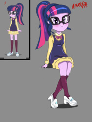 Size: 1800x2400 | Tagged: safe, artist:artmlpk, artist:kora kosicka, sci-twi, twilight sparkle, equestria girls, g4, my little pony equestria girls: friendship games, alternate clothes, alternate design, blushing, clothes, concept art, crossed legs, cute, design, dress, female, inspired by another artist, neck bow, outfit, ponytail, smiling, solo, twiabetes, uniform
