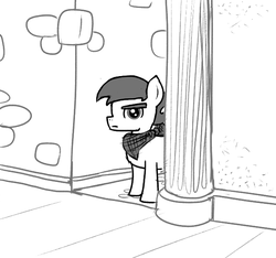 Size: 640x600 | Tagged: safe, artist:ficficponyfic, oc, oc only, oc:giles pecan, earth pony, pony, colt quest, alley, bandana, colt, male, monochrome, sidewalk, solo, story included, teenager