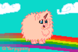 Size: 472x316 | Tagged: safe, artist:torpy-ponius, oc, oc only, oc:fluffle puff, pony, pink fluffy unicorns dancing on rainbows, pony town, animated, blue sky, cloud, dancing, fanart, fluffy, gif, pink, pixel animation, pixel art, rainbow, sky