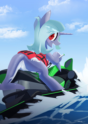Size: 1414x2000 | Tagged: safe, artist:satv12, oc, oc only, oc:orca, orca pony, original species, horn, jet ski, lifejacket, looking back, pale belly, red eyes, sharp teeth, slit pupils, solo, teeth, water