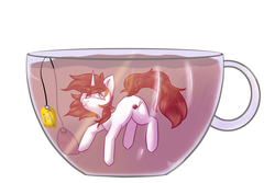Size: 2608x1740 | Tagged: safe, artist:miha, oc, oc only, oc:flower star, pony, unicorn, brown mane, cup, cup of pony, drink, female, flower tea, food, glass, mare, micro, peaceful, simple background, solo, sushi, swimming, tea, white background, white coat, ych result, zen