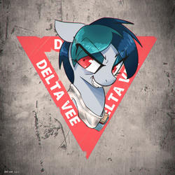 Size: 1920x1920 | Tagged: safe, artist:satv12, oc, oc only, oc:delta vee, pony, bust, chromatic aberration, shrunken pupils, simple background, solo, text, toothy grin