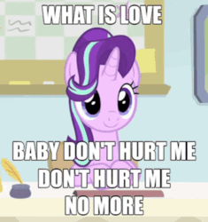 Size: 452x480 | Tagged: safe, edit, edited screencap, screencap, starlight glimmer, pony, unicorn, g4, interseason shorts, starlight the hypnotist, animated, caption, cropped, cute, female, gif, glimmerbetes, haddaway, hair flip, hair over one eye, headbob, image macro, loop, mare, meme, nodding, saturday night live, solo, song reference, text, what is love