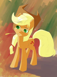 Size: 1024x1366 | Tagged: safe, artist:chaosmalefic, applejack, earth pony, pony, g4, abstract background, cowboy hat, female, hat, mare, raised eyebrow, solo, straw in mouth
