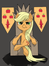 Size: 900x1200 | Tagged: safe, artist:chaosmalefic, applejack, earth pony, pony, g4, banner, looking at you, sitting, throne
