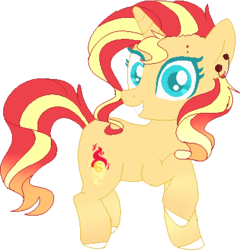 Size: 377x392 | Tagged: safe, artist:dashkatortik12222222, sunset shimmer, pony, unicorn, g4, alternate cutie mark, alternate design, beautiful, colored hooves, ear piercing, earring, female, jewelry, looking at you, mare, piercing, raised hoof, redesign, simple background, smiling, solo, transparent background