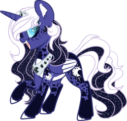 Size: 809x773 | Tagged: safe, artist:dashkatortik12222222, artist:lullabyprince, princess luna, alicorn, pony, g4, base used, beautiful, coat markings, colored hooves, colored pinnae, colored wings, colored wingtips, crown, cute, cute little fangs, ear fluff, fangs, female, folded wings, jewelry, leg fluff, mare, open mouth, pale belly, peytral, raised hoof, redesign, regalia, simple background, smiling, socks (coat markings), solo, sparkles, sparkly mane, sparkly tail, tail, tiara, transparent background, white-haired luna, wings