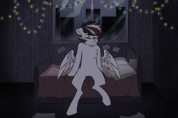 Size: 3000x2000 | Tagged: safe, artist:wacky-skiff, oc, oc only, oc:damiyan, pegasus, pony, bed, christmas, christmas lights, green eyes, high res, holiday, night, paper, photo, pillow, sleepy, solo, tired, waking up, white fur, window