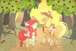 Size: 3000x2000 | Tagged: safe, artist:dashkatortik12222222, apple bloom, applejack, earth pony, pony, adorabloom, apple, apple sisters, apple tree, applejack's hat, bandage, blushing, bow, butt, chest fluff, coat markings, colored eyebrows, colored hooves, cowboy hat, cute, daaaaaaaaaaaw, dirt road, duo, ear fluff, eye clipping through hair, eye contact, female, filly, food, freckles, hat, jackabetes, looking at each other, mare, open mouth, plot, redesign, siblings, sisters, smiling, straw in mouth, tree, unshorn fetlocks