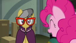 Size: 1200x675 | Tagged: safe, edit, edited screencap, screencap, a.k. yearling, daring do, pinkie pie, earth pony, pegasus, pony, daring done?, g4, animated, barely animated, eyes closed, female, glasses, grin, hooves, mare, open mouth, photo, smiling, solo, wings
