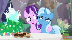 Size: 1920x1080 | Tagged: safe, screencap, starlight glimmer, trixie, pony, g4, student counsel, balloon, cake, cupcake, equinox cake, food, hug