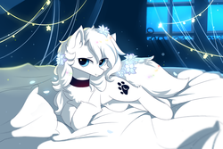 Size: 1500x1000 | Tagged: safe, artist:heddopen, oc, oc only, oc:loulou, earth pony, pony, g4, bed, bedroom eyes, cheek fluff, chest fluff, cute, ear fluff, female, flower, fluffy tail, jewelry, looking at you, lying, mare, necklace, night, pillow, pure white, solo, window