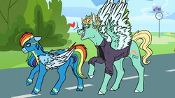 Size: 3000x1690 | Tagged: safe, artist:dashkatortik12222222, rainbow dash, zephyr breeze, pegasus, pony, g4, angry, clothes, colored hooves, cross-popping veins, female, flirting, goggles, heart, male, mare, open mouth, raised hoof, ship:zephdash, shipping, smiling, spread wings, stallion, straight, this will end in pain, two toned wings, uniform, wing fluff, wings, wonderbolts uniform