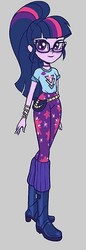 Size: 240x698 | Tagged: safe, alternate version, artist:kora kosicka, sci-twi, twilight sparkle, equestria girls, equestria girls series, g4, spoiler:eqg series (season 2), alternate clothes, boots, clothes, concept art, female, geode of telekinesis, glasses, magical geodes, pants, ponytail, shoes, smiling, solo