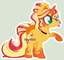 Size: 459x433 | Tagged: safe, artist:selenaede, artist:stormcloud-yt, sunset shimmer, pony, unicorn, g4, alternate hairstyle, base used, beautiful, coat markings, colored hooves, colored horn, crown, female, fiery shimmer, horn, jewelry, mare, necklace, obtrusive watermark, raised hoof, redesign, regalia, simple background, solo, watermark