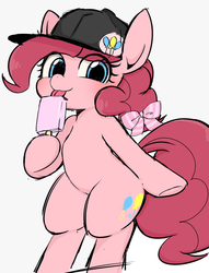 Size: 979x1281 | Tagged: safe, artist:manachaaaaaaaa, pinkie pie, earth pony, pony, g4, baseball cap, bipedal, bow, cap, cute, diapinkes, eye clipping through hair, female, food, hair bow, hat, ice cream, looking at you, mare, solo, tongue out