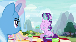 Size: 1280x720 | Tagged: safe, screencap, starlight glimmer, trixie, pony, unicorn, g4, student counsel, ^^, cute, duo, eating, eyes closed, female, food, glimmerbetes, mare, picnic, puffy cheeks, sandwich, sitting, tea