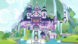 Size: 1280x720 | Tagged: safe, screencap, g4, season 9, student counsel, background, castle, cloud, day, exterior, mountain, no pony, ponyville, scenic ponyville, school of friendship
