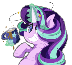 Size: 1920x1728 | Tagged: safe, artist:jxst-starly, starlight glimmer, pony, unicorn, g4, chocolate, circling stars, derp, empathy cocoa, female, food, grin, hot chocolate, marshmallow, mug, smiling, solo