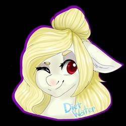 Size: 1600x1600 | Tagged: safe, artist:diethtwoo, oc, oc only, oc:sawyer, sheep pony, semi-anthro, ambiguous facial structure, black background, blonde, bust, female, floppy ears, hair bun, one eye closed, raised eyebrow, red eyes, simple background, smiling, solo, white fur, wink