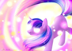 Size: 1024x724 | Tagged: safe, artist:shinytheblossom, twilight sparkle, pony, unicorn, g4, abstract background, female, glowing cutie mark, glowing eyes, magic, mare, solo, tail whip, unicorn twilight