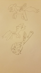 Size: 4032x2268 | Tagged: safe, artist:asiandra dash, rainbow dash, scootaloo, oc, oc:wooden toaster, pegasus, pony, fanfic:rainbow factory, g4, chase, clothes, crying, flying, furious, lab coat, lineart, pencil drawing, rainbow factory dash, running, spread wings, traditional art, wings