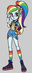 Size: 304x692 | Tagged: safe, alternate version, artist:kora kosicka, rainbow dash, equestria girls, g4, my little pony equestria girls: better together, clothes, devil horn (gesture), female, geode of super speed, legs, magical geodes, rainbow socks, shoes, shorts, smiling, sneakers, socks, solo, striped socks