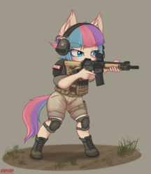 Size: 1810x2099 | Tagged: safe, alternate version, artist:orang111, oc, oc only, oc:sugar muffin, earth pony, anthro, anthro oc, ar-15, assault rifle, boots, clothes, earmuffs, female, gun, knee pads, rifle, shoes, solo, trigger discipline, weapon