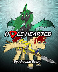 Size: 2208x2716 | Tagged: safe, artist:sword-of-akasha, oc, oc only, oc:dented armor, oc:echo, changeling, changeling queen, pegasus, pony, fanfic:hole hearted, changeling queen oc, fanfic, fanfic art, fanfic cover, female, glowing horn, green changeling, high res, horn, male, pegasus oc, rearing, royal guard, spear, unshorn fetlocks, weapon, wings