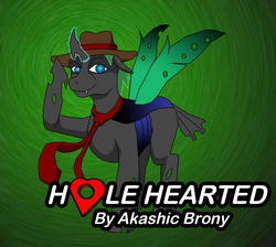 Size: 2452x2200 | Tagged: safe, artist:sword-of-akasha, oc, oc only, oc:amorpheus, changeling, fanfic:hole hearted, changeling oc, fanfic art, gradient background, hat, high res, male, necktie, salute, solo