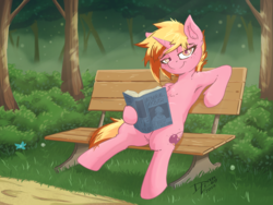 Size: 3840x2880 | Tagged: safe, artist:danli69, oc, oc only, oc:cherry popper, pony, unicorn, semi-anthro, admiral ackbar, arm hooves, armpits, bedroom eyes, bench, book, femboy, foliage, high res, it's a trap, looking at you, male, sitting, solo, star wars, trap