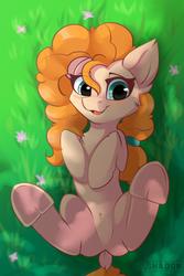 Size: 1000x1500 | Tagged: safe, artist:php97, pear butter, earth pony, pony, g4, blushing, chest fluff, cute, dappled sunlight, dock, featureless crotch, female, frog (hoof), grass, hooves to the chest, looking at you, mare, on back, pearabetes, shadow, solo, underhoof