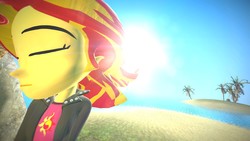 Size: 1920x1080 | Tagged: safe, artist:russianguyt, sunset shimmer, equestria girls, g4, 3d, bright, eyes closed, gmod, island, ocean, poster, shiny, sun, tropical